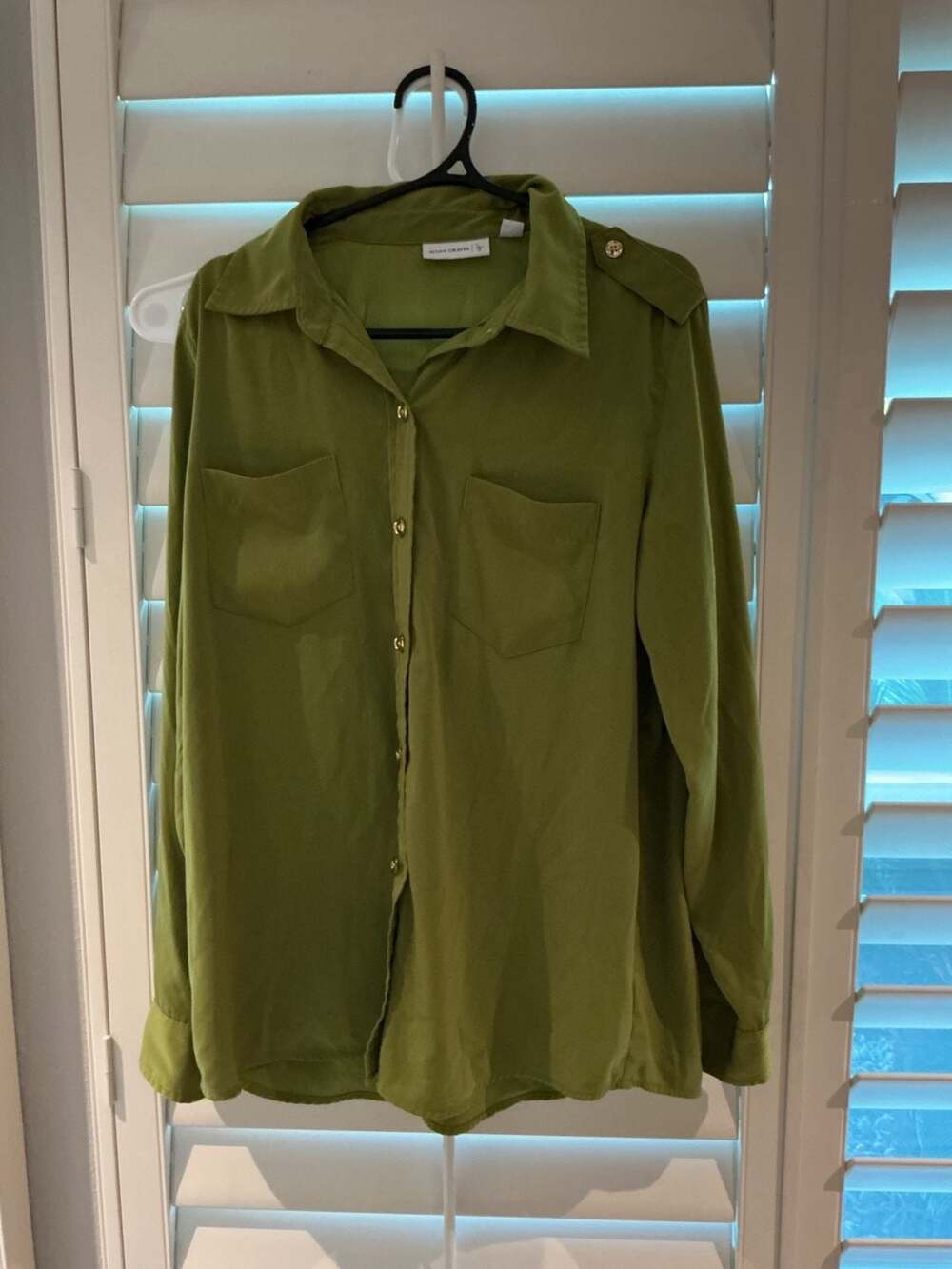 Susan Graver Button Down Shirt Size M Green Long Sleeve Pocket Top